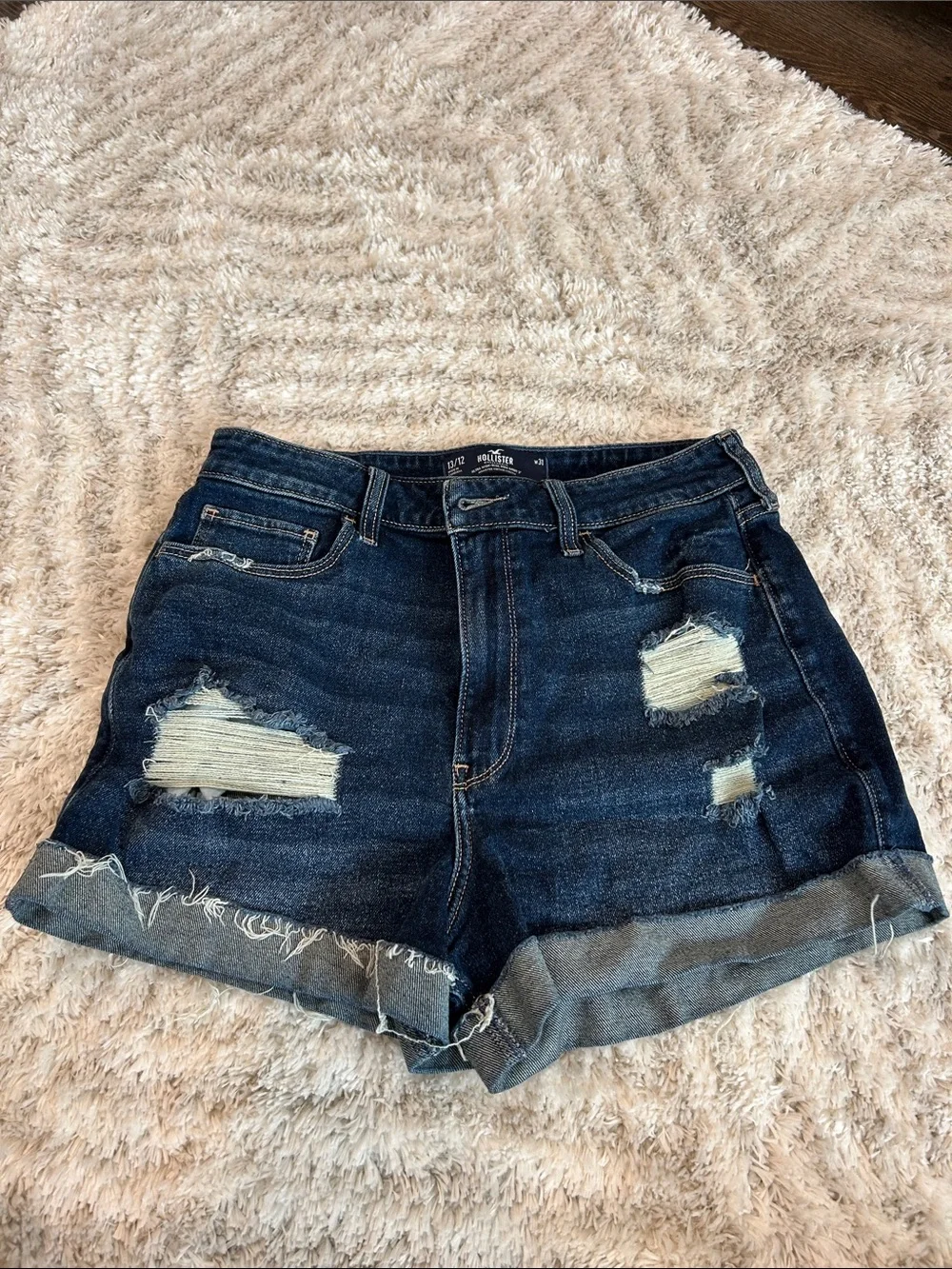 Hollister Dark Indigo High-Waist Distressed Denim Shorts